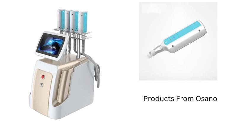 Découvrez la machine de beauté cosmétique d'Osano avec un écran tactile et des outils à manche bleu qui ciblent avec précision les creux des hanches et les poignées d'amour.