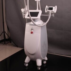 The Powerful Vacuum Beauty Machine, sleek and white, features adjustable arms on wheels against a dark studio backdrop.