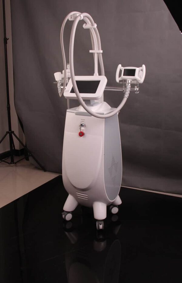 The Powerful Vacuum Beauty Machine, sleek and white, features adjustable arms on wheels against a dark studio backdrop.