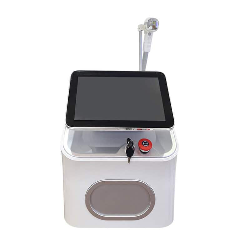Ice Diode Laser removes hair with 3 wavelengths (755/808/1064nm) and features touchscreen, handheld applicator, and controls.