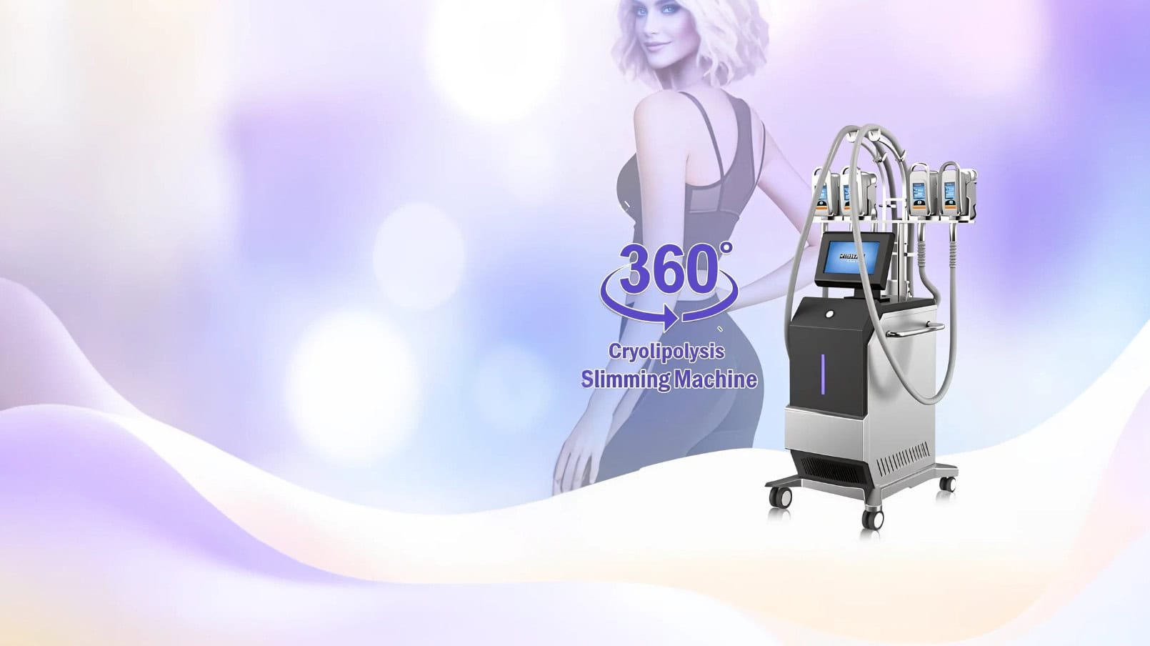 A woman in a black dress stands by a 360° cryolipolysis machine against a purple and white abstract background.