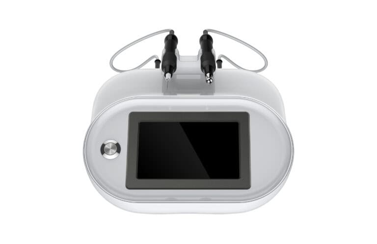 Top view: Osano Best Microcurrent Device features a sleek white touchscreen, side button, and two top cables.