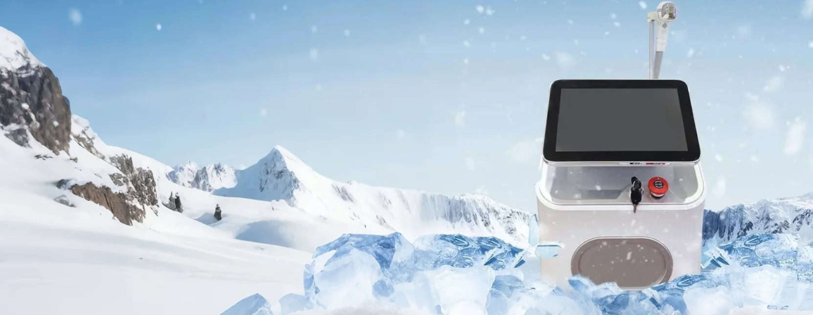 A touchscreen diode laser hair removal machine stands among ice chunks in snowy mountains under a clear sky.