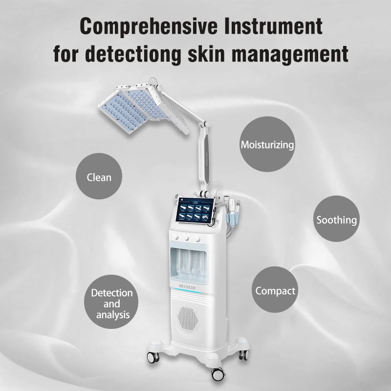 Μηχανή Hydra Dermabrasion & LED 8 σε 1 με λειτουργίες περιποίησης δέρματος, οθόνη και βραχίονα LED σε συμπαγή σχεδιασμό.