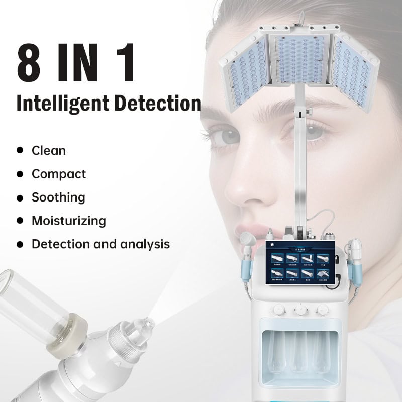 Μηχανή Hydra Dermabrasion & LED 8 σε 1 στο πρόσωπο μιας γυναίκας, που δείχνει καθαρά, συμπαγή, καταπραϋντικά και χαρακτηριστικά ανάλυσης δέρματος.