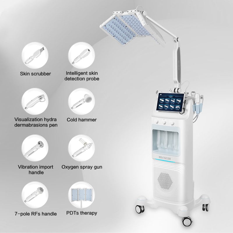 8-in-1 Hydra Dermabrasion & LED Therapy Machine with touch screen, LED arm, wheels, and labeled skincare tool handles.
