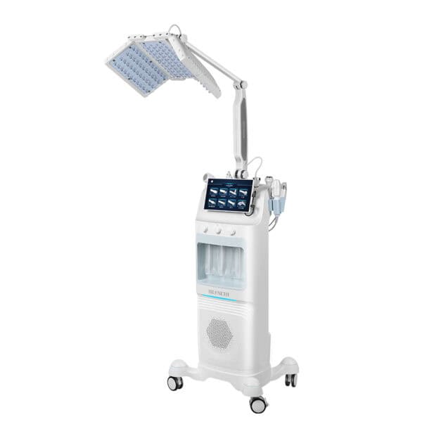 8-in-1 Hydra Dermabrasion & LED Facial Machine with touchscreen, adjustable arm, wheels, and attached treatment tools.