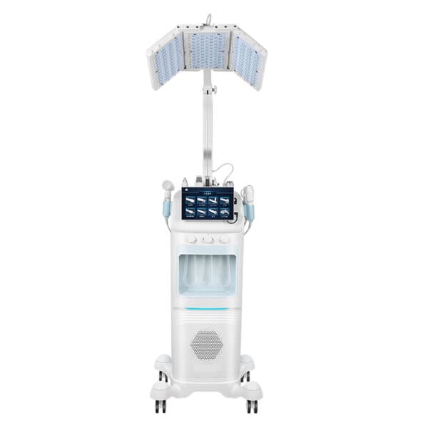 White 8-in-1 Hydra Dermabrasion & LED machine on wheels with control screen, LED panel, and facial treatment attachments.