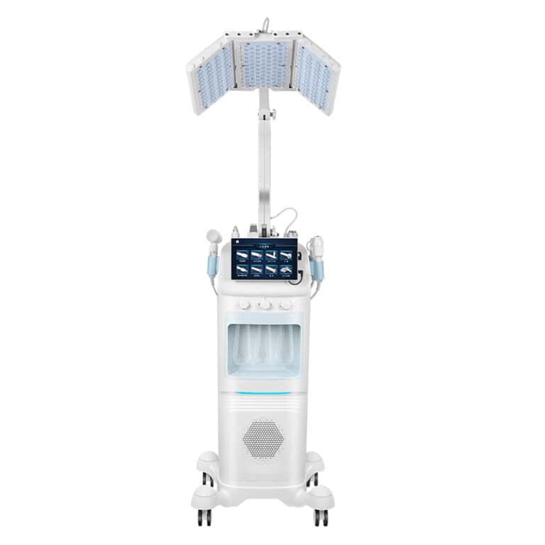 White 8-in-1 Hydra Dermabrasion & LED machine on wheels with control screen, LED panel, and facial treatment attachments.