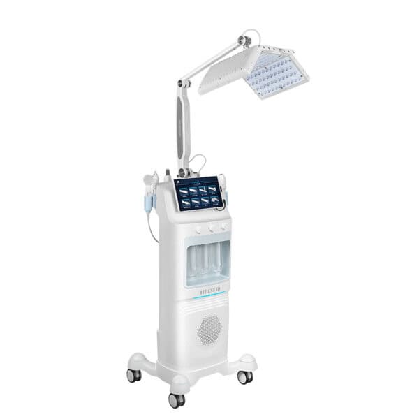 White 8-in-1 Hydra Dermabrasion & LED Machine with adjustable light panel, touchscreen, and wheels for mobility.
