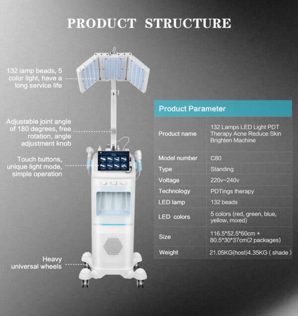 8-in-1 Hydra Dermabrasion & LED Therapy Machine with adjustable arms, control screen, wheels, and 5 color lights.
