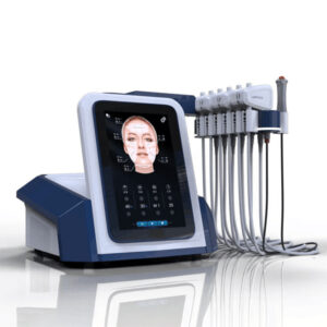 High-tech facial treatment machine with touchscreen display and multiple treatment probes for professional skincare and anti-aging therapy.