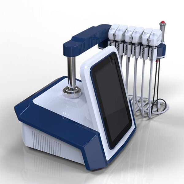 1. Modern medical device for pain relief and therapy with touchscreen interface and multiple applicator heads, designed for effective treatment and patient comfort.