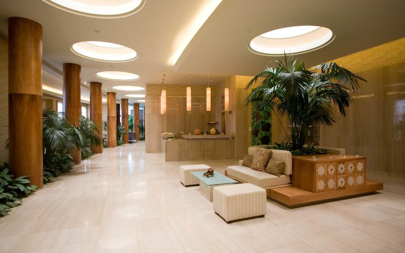 Bright, modern hotel lobby featuring comfortable seating, lush indoor plants, and ambient lighting, creating a relaxing atmosphere for guests seeking comfort and tranquility.
