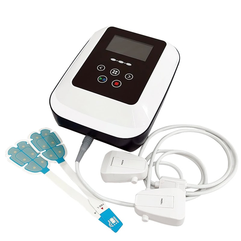 Digital physiotherapy and pain relief device with electrode pads for muscle stimulation and recovery.