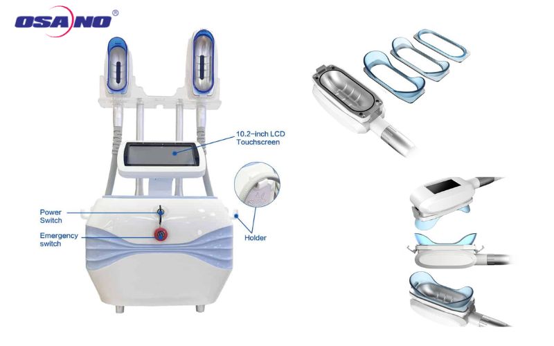 High-tech aesthetic laser therapy device with LCD touchscreen, multiple applicator heads, and safety switches for professional skincare and cosmetic treatments.