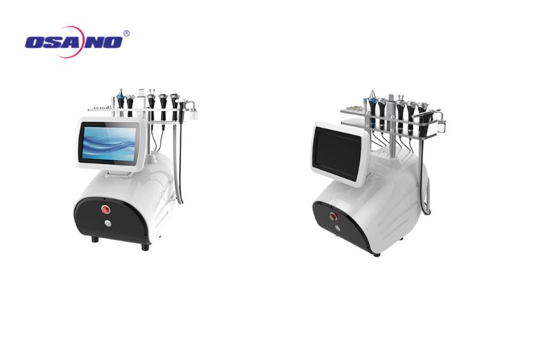 High-tech aesthetic beauty equipment with touchscreen control and multiple treatment tools, designed for professional skincare clinics, promoting advanced facial and body treatments.