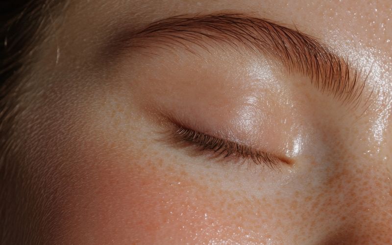Close-up of a serene, relaxed woman's eye and smooth skin showcasing facial comfort and skincare.