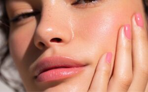 Close-up of a woman’s radiant, smooth skin showcasing skincare and comfort. Perfect for promoting skincare products focusing on gentle, soothing hydration and skin health for optimal comfort.