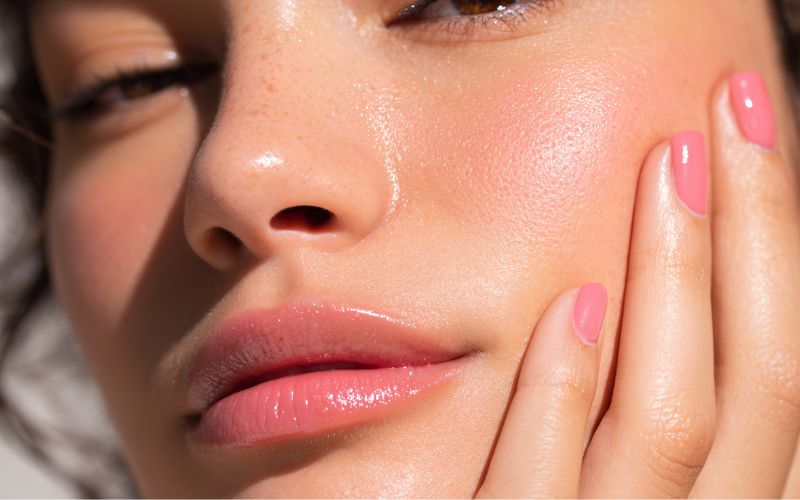 Close-up of a woman’s radiant, smooth skin showcasing skincare and comfort. Perfect for promoting skincare products focusing on gentle, soothing hydration and skin health for optimal comfort.