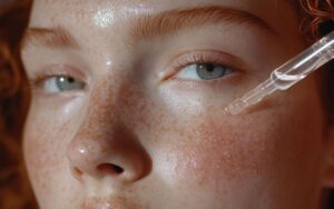 Close-up of a woman applying a hydrating skincare serum with a dropper to her freckled cheek, emphasizing skin hydration and rejuvenation.