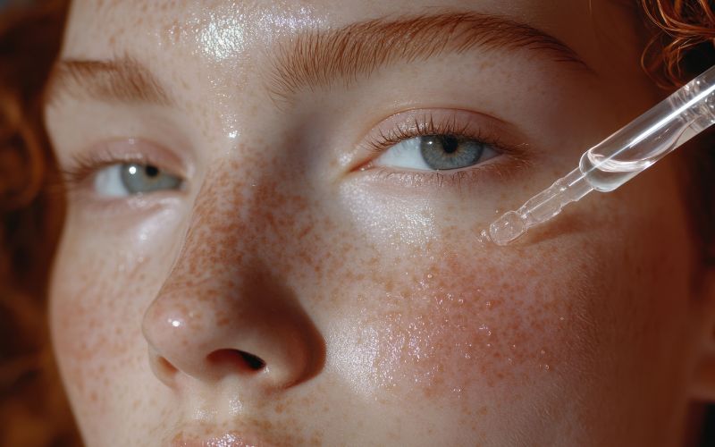 Close-up of a woman applying a hydrating skincare serum with a dropper to her freckled cheek, emphasizing skin hydration and rejuvenation.