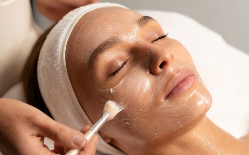 Woman receiving a facial treatment with a skincare professional applying a facial mask, highlighting non-surgical skin lifting and tightening procedures.