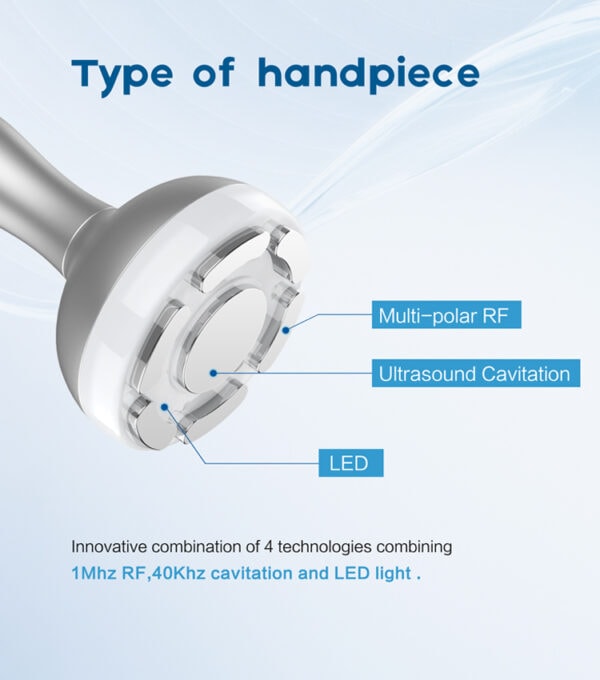 Tech dental handpiece with multi-polar RF, ultrasound cavitation, and LED light features for advanced dental procedures.
