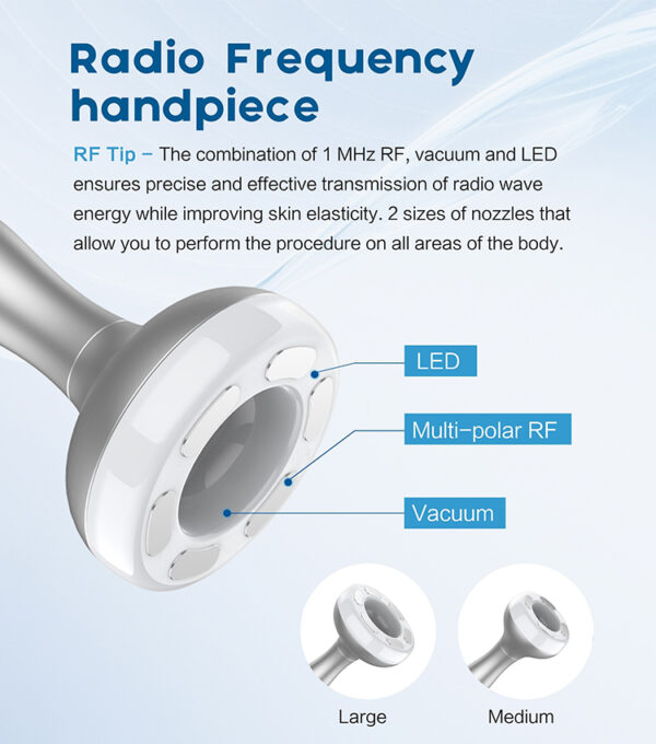 Close-up of a radio frequency handpiece with LED, multi-polar RF, and vacuum features, used for skin tightening and facial treatments.