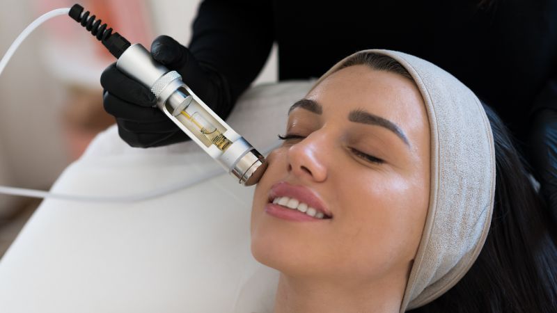 Woman receiving oxygen facial treatment with a professional device, highlighting skincare and rejuvenation benefits.