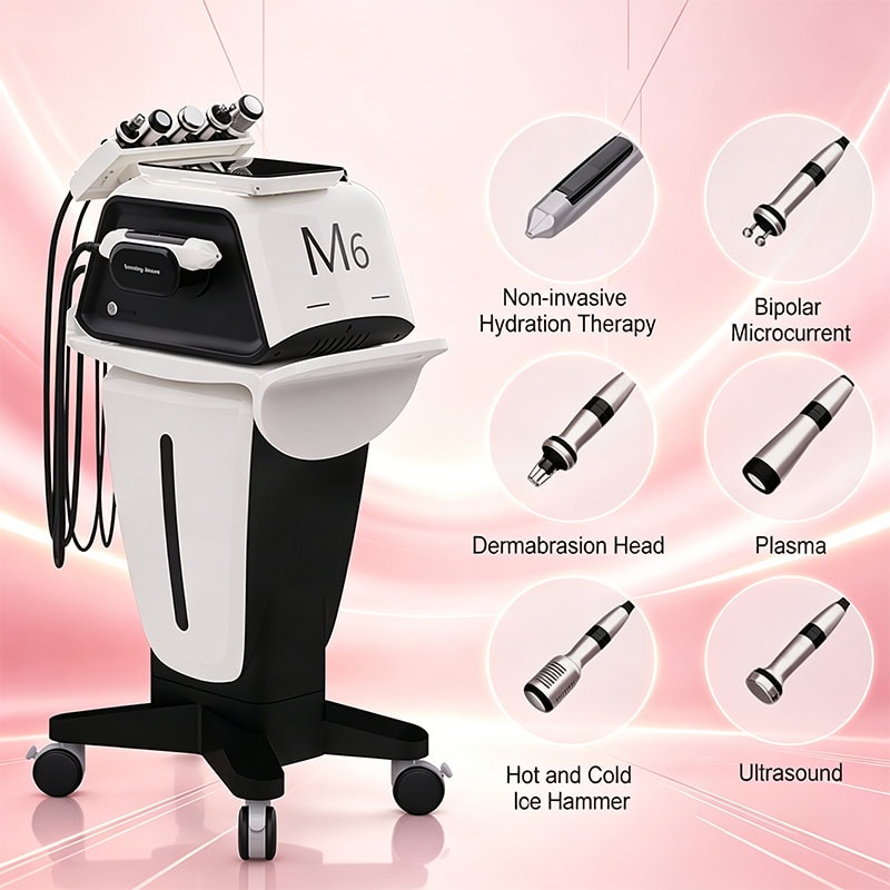 Hydra facial machine with six advanced skincare tools for professional beauty treatments. Ideal for salons seeking versatile, non-invasive skin therapy solutions.