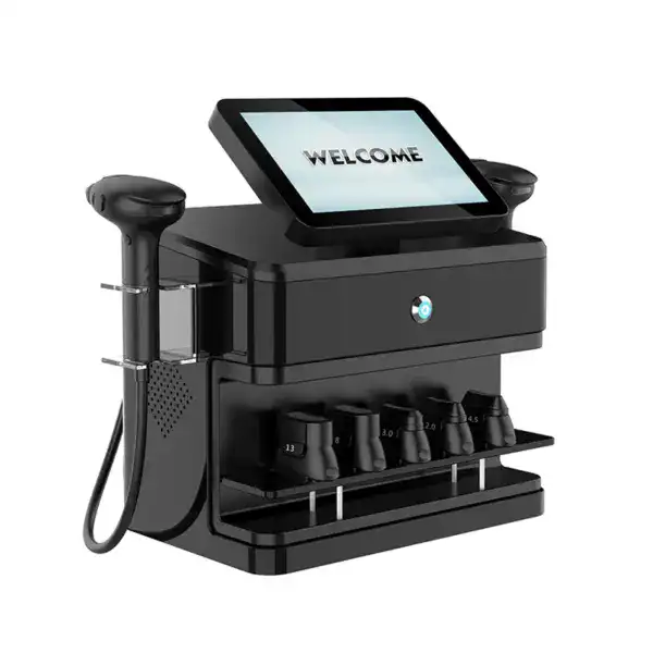 Advanced 7D Pro MFU & HIFU anti-aging machine with touchscreen display and multiple treatment heads for skin rejuvenation.