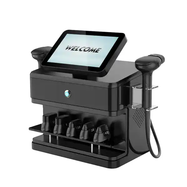 High-tech 7D Pro MFU & HIFU machine for anti-aging treatments with touchscreen display and multiple applicators.