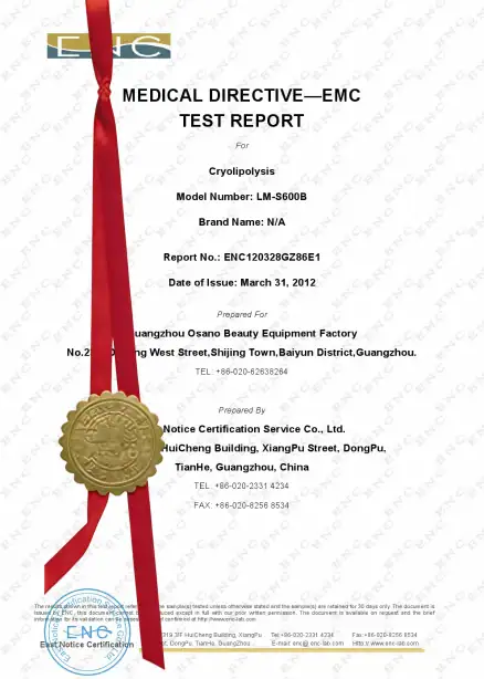 Medical directive EMC test report for cryolipolysis device model LM-S600B, issued March 31, 2012, from Guangzhou Osano Beauty Equipment Factory in Guangzhou, China.
