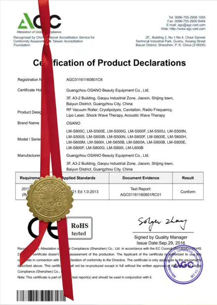 Official certification document for OSANO Beauty Equipment Co., Ltd., confirming product compliance and standards adherence.