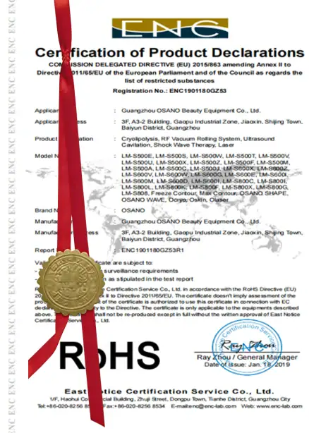 Official OSANO product certification document showing compliance with safety standards and RoHS regulations, issued by Eastatic Certification Service Co., Ltd.