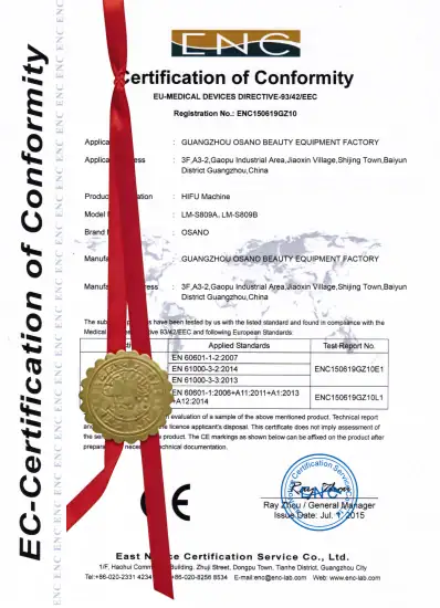 Official certification document for OSANO medical device, showing compliance with EU standards and standards for medical devices.