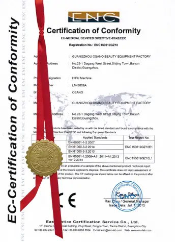 Official Osano Certification of Conformity document with gold seal and red ribbon, verifying compliance with EU medical device standards.