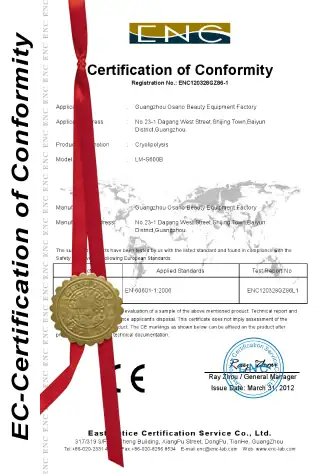Official EC Certification of Conformity document issued to Guangzhou Osano Beauty Equipment Factory, confirming compliance with European standards.