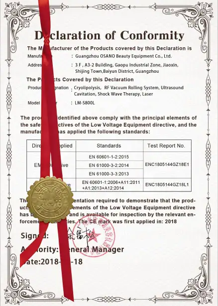 Official OSANO certification document with gold seal, red ribbon, and detailed standards compliance text.