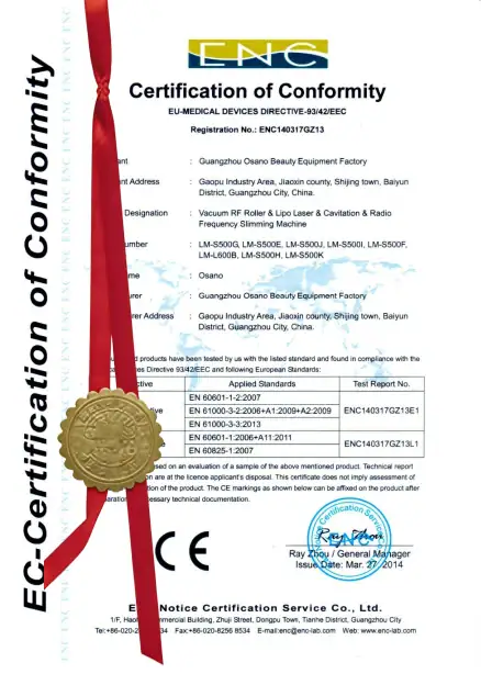 Official Osano Certification of Conformity document with gold seal and red ribbon, verifying compliance with EU medical device standards.