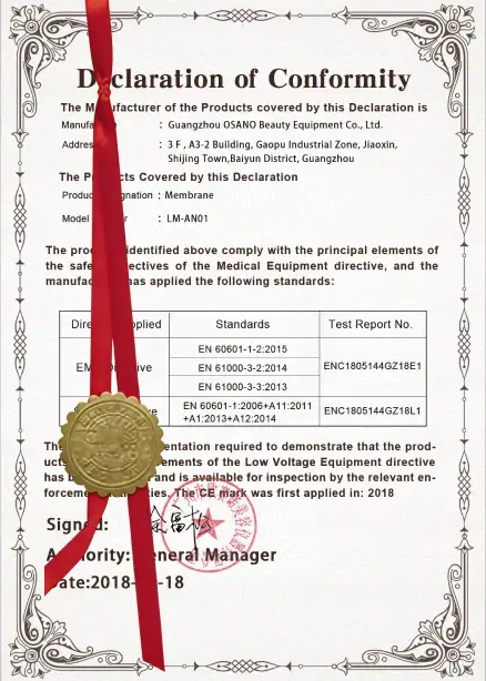 Official OSANO certification document with gold seal and red ribbon, verifying compliance with safety standards.