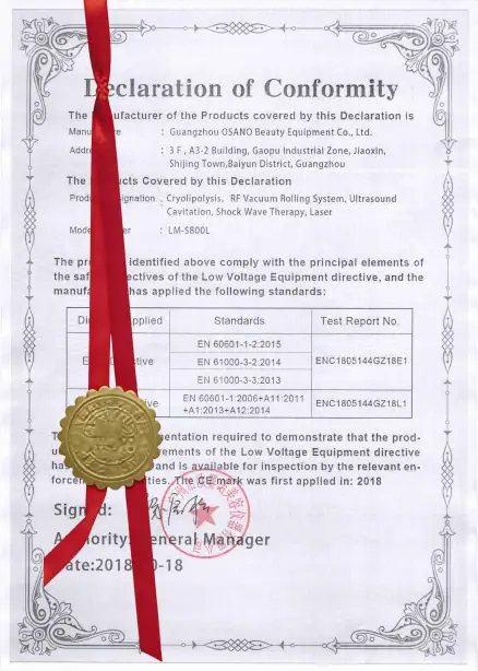 Official Declaration of Conformity certificate with red ribbon and gold seal, issued by Guangzhou Osano Beauty Equipment Co., Ltd., confirming product standards and compliance.