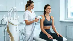 A healthcare professional performs a skin analysis or treatment on a smiling female patient in a modern medical clinic setting.