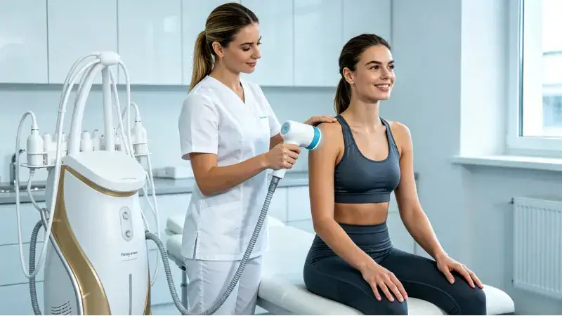 A healthcare professional performs a skin analysis or treatment on a smiling female patient in a modern medical clinic setting.