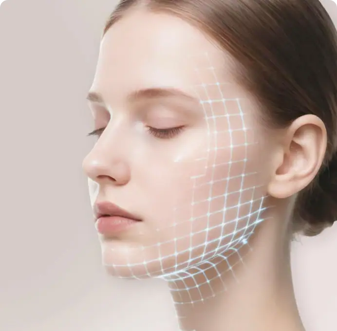 Close-up of a woman's face with a digital grid overlay, representing advanced skincare technology and facial treatment solutions by Osano.