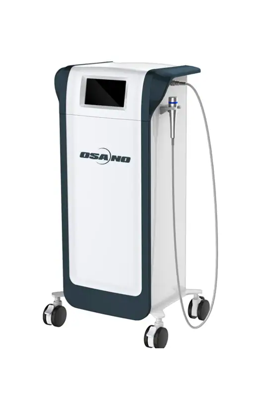 OSANO medical aesthetic device with touchscreen and handpiece on wheels, used for skin treatments and cosmetic procedures.