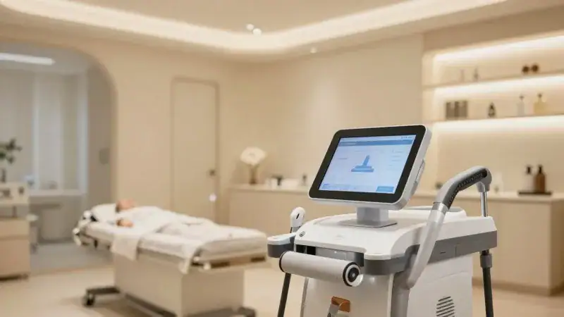 Modern Endospheres therapy machine with touchscreen interface in a luxurious spa treatment room.