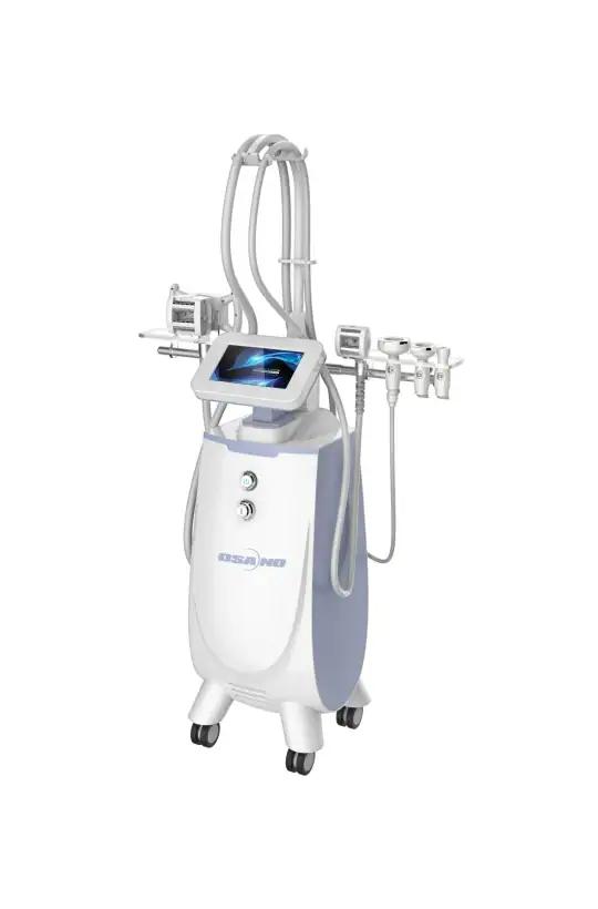 High-tech medical laser device with touchscreen interface and multiple treatment heads, used for skin rejuvenation and cosmetic procedures.
