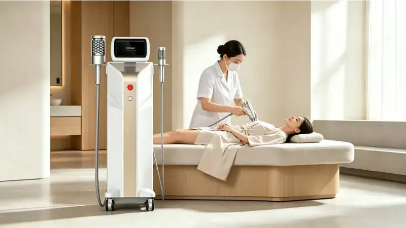 A professional therapist using a lymphatic massage machine on a client in a modern spa room.